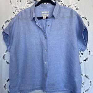 Rachel Zoe 100% Linen Short Sleeve Button Down Top, Blue, XL